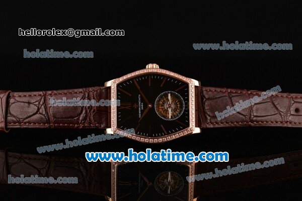 Vacheron Constantin Malte Tourbillon Swiss Tourbillon Manual Winding Rose Gold Case with Brown Alligator Strap Black Dial and Diamond Bezel - Click Image to Close